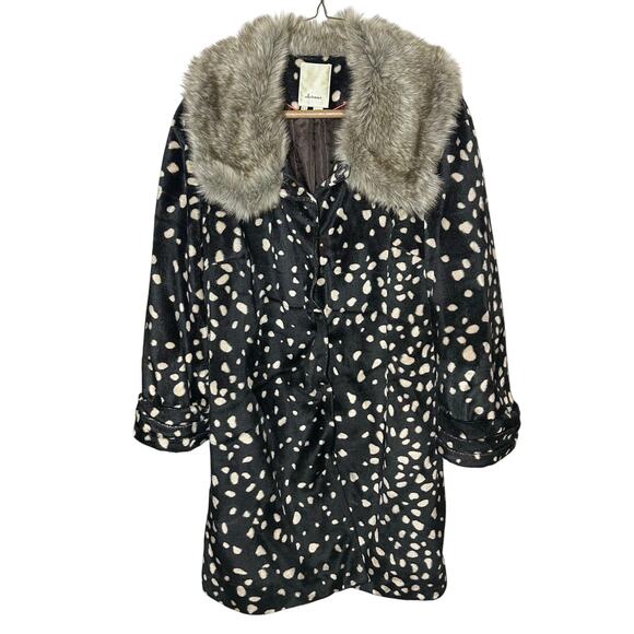 Anthropologie Elevenses Women's Black White Polka Dot Faux Fur Coat Size 14
